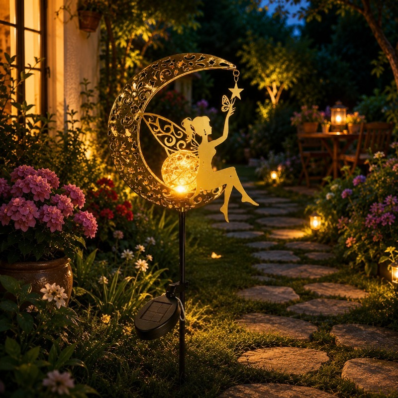 Outdoor Lighting Yard Stakes - 1PC Solar Moon Crackle Glass Globe