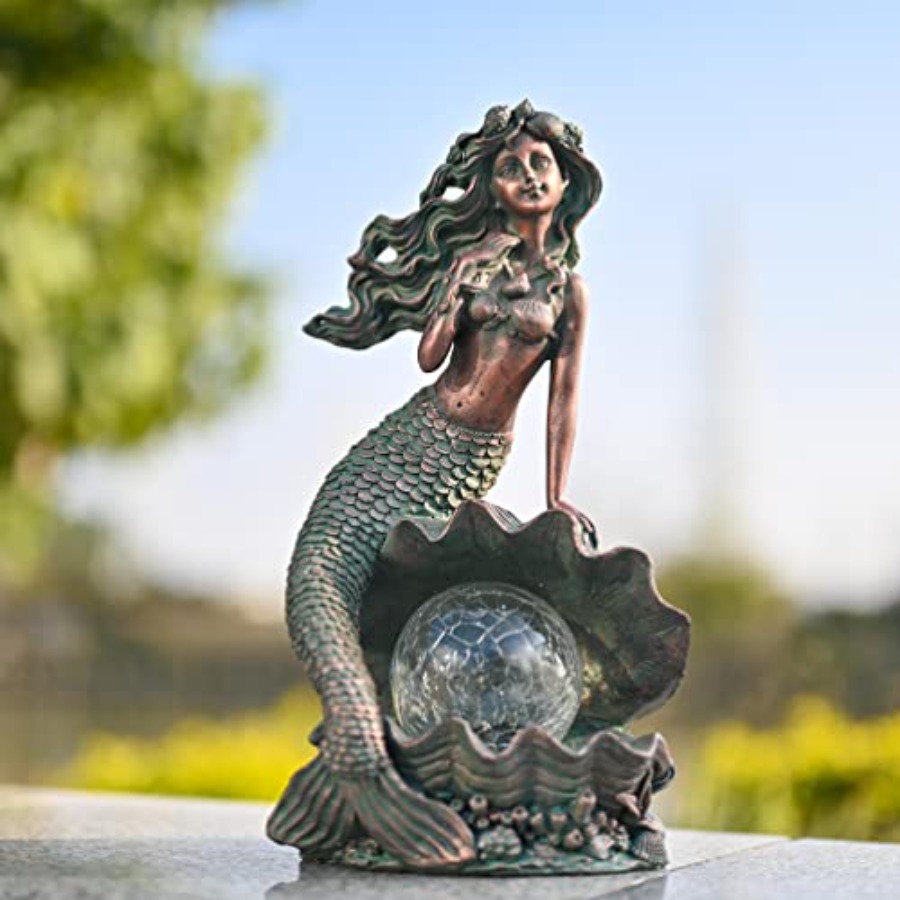 Mermaid Garden Statues with So - Outdoor Lighting Bronze avaliação e preço